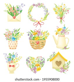 Spring Composition with Blooming Flower Bunches Rested in Flowerpot and Basket Vector Set