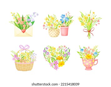 Spring Composition with Blooming Flower Bunches Rested in Flowerpot and Basket Vector Set