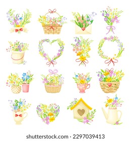 Spring Composition with Blooming Flower Bunches Rested in Flowerpot and Basket Big Vector Set