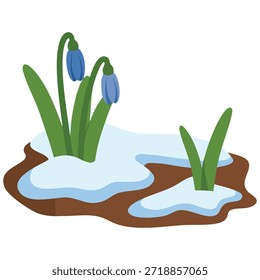 Composição da primavera com neve azul cai grama e derretendo neve