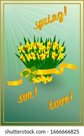 Spring composition with a bouquet of daffodils, vector illustration on a green background of mint color with sun rays, in a gold frame.  