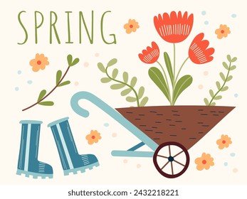 Spring composition for a card or postcard. Illustration with hand drawn decorative elements, isolated on white background. Cute vector elements - wellies, leaves and flowers in garden trolley.