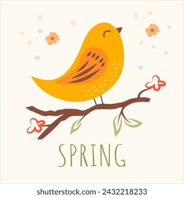 Spring composition for a card or postcard. Illustration with hand drawn decorative elements, isolated on white background. Cute vector bird on a brunch.