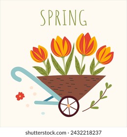 Spring composition for a card or postcard. Illustration with hand drawn decorative elements, isolated on white background. Cute vector flowers in a garden trolley.