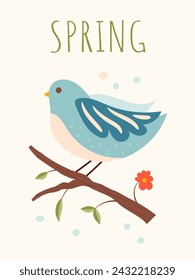 Spring composition for a card or postcard. Illustration with hand drawn decorative elements, isolated on white background. Cute vector bird on a brunch.