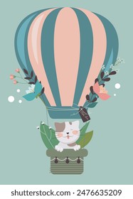 Spring composition cartoon cat in air balloon with flowers. Cute postcard. Vector