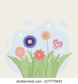 Composición primaveral de las flores de manzanilla y de caléndula en un claro aislado sobre un fondo blanco con un círculo azul. Dibujo botánico para carteles, embalajes, sitios web, tarjetas y pancartas