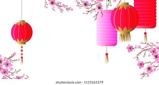 Spring composition with Chinese lanterns and blooming plum branches