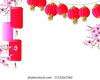 Spring composition with Chinese lanterns and blooming plum branches