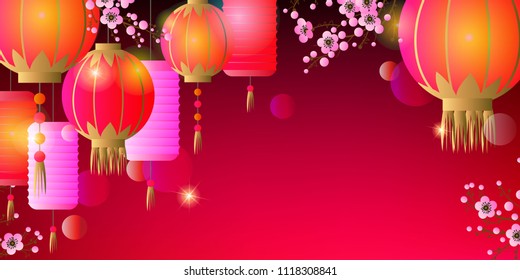 Spring composition with Chinese lanterns and blooming plum branches