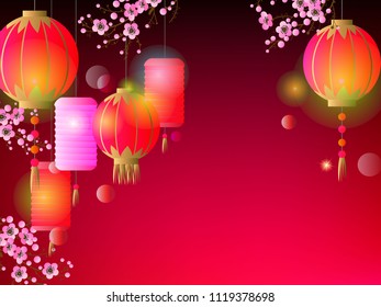 Spring composition with Chinese lanterns and blooming plum branches