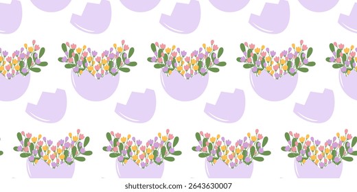 Spring Composition in Cracked Eggshell Vase Seamless Pattern Lavender Easter Spring Festive Backdrop