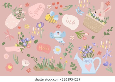 Spring composition with a cute rabbit, a bouquet of flowers vase, a bird, green leaves on the inscription spring. Bright compositions for posters, banners, cards, Easter, spring holidays. Vector