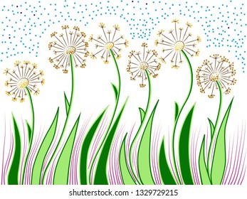 Spring composition of flowering plants. Summer flower arrangement. Multi-colored dandelions with green leaves. Decorative blooming onions - Alaria.