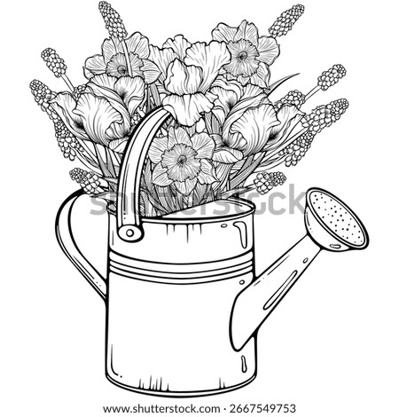 Spring composition with flowers in a metal watering can. Blooming bouquet in a garden watering can. Vector illustration in hand drawn sketch doodle style. Line art isolated on white for coloring book