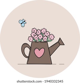 Spring composition, flowers in a watering can. Vector graphics.