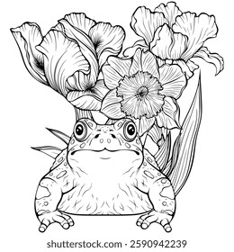 Spring composition frog with blooming flowers of iris and daffodil. Garden still life front view. Vector illustration in hand drawn sketch style. Line art isolated on white for coloring book, print