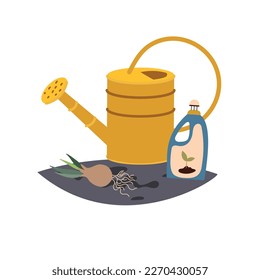 Composición de primavera con lata de riego de jardín, flor de cebolla, fertilizante. Agua para regar plantas en el suelo. Diseño de plantillas de infografía agronómica. Ilustración vectorial de diseño plano.