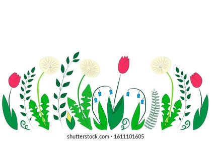 Spring composition. Green plants, leaves and flowers, tulips and dandelions.