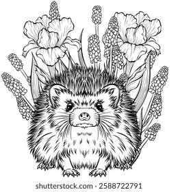 Spring composition hedgehog with blooming flowers of iris and muscari. Garden still life front view. Vector illustration in hand drawn sketch style. Line art isolated on white for coloring book, print