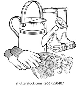 Composición de primavera con regadera de metal, botas de goma, guantes de jardín protectores y ramo de flores. Ilustración vectorial en estilo de boceto dibujado a mano. Arte de línea aislado en blanco para colorear libro