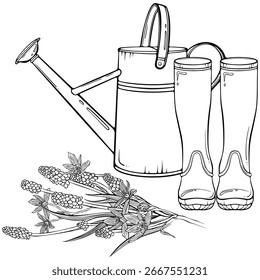 Spring composition with a metal watering can, rubber boots and bouquet of flowers. Gardening equipment. Vector illustration in hand drawn sketch style. Line art isolated on white for coloring book