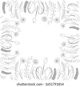 Composición de primavera. Plantas, hojas y flores, tulipanes y leones. Dibujo de esquema.