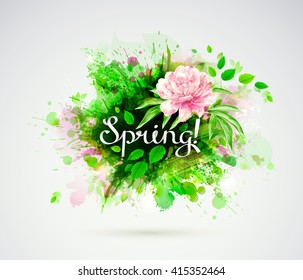 The spring composition with single flowering light pink peony and blots