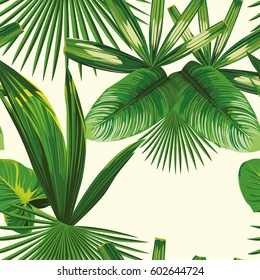 Spring composition from tropical plants, leaves. Vector summer seamless wallpaper on white background pattern
