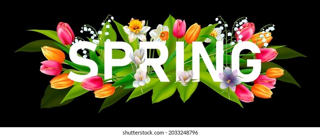 Spring composition. Tulips, bell flowers, lily of the valley, leaves on black background. Concept of perfect image for invitation to marriage. Vector graphic illustration