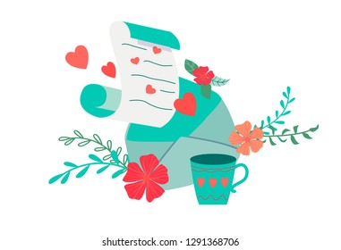 Spring composition for Valentine's day. Love letter in an envelope, flowers, leaves, coffee Cup. Template for postcards, banners, leaflets. Vector flat cartoon style.