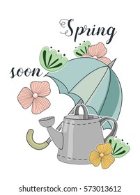 Spring composition of watering can, umbrella, flowers and text of Spring soon. Can use as greeting card