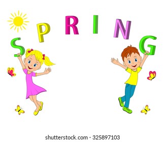 spring concept. boy and girl flies holding letters on a white background, illustration, vector