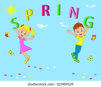 spring concept. boy and girl flies holding letters against a blue sky and butterflies, illustration, vector