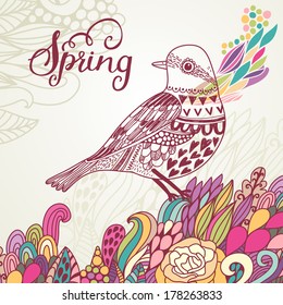 Tarjeta de concepto de primavera en colores brillantes. Elegante fondo vectorial con pájaro vintage y ráfaga colorida 