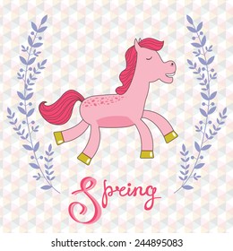 Spring concept card with cute running horse. Vector illustration