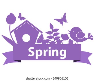 Spring concept. Card with flowers, butterflies and bird. Vector illustration