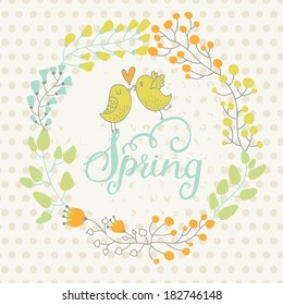 Spring concept card in warm colors. Cute vector background made of leafs, hearts and birds in cartoon style