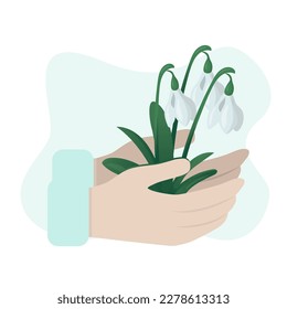 Spring concept. Flat cartoon illustration of spring coming with snowdrops