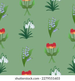 Concepto de primavera. Dibujo plano sin fisuras con tulipas, gotas de nieve y arándanos