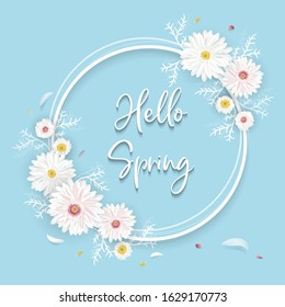 Spring concept, flower Vector illustration with spring flower decorations and place for text on sky blue background can be used for background, greeting card or frame