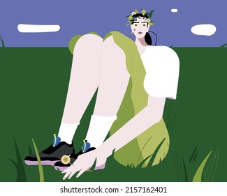 Spring concept. Girl in a wreath. Vector illustration flat design. Use in Web Project and Applications. 