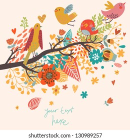 Spring concept illustration. Cartoon bird on branch in flowers. Floral spring background in vector. Can be used as wedding invitation