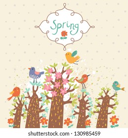Frühlingskonzept-Illustration. Cartoon Wald mit süßen Vögeln und Blumen im Frühlingswald. Heller natürlicher Hintergrund. Kann für Hochzeitseinladung verwendet werden
