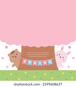 A spring concept illustration. There are cute squirrel and rabbit characters and a 'spring' garland under a cherry blossom tree in full bloom.