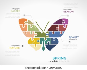 Spring concept infographic template with butterfly out of puzzle pieces