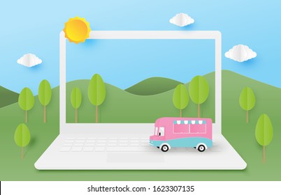 Spring Concept With Nature Landscape And The Vehicle On Laptop In Paper Cut Style. Vector Illustration Digital Craft Paper Art.