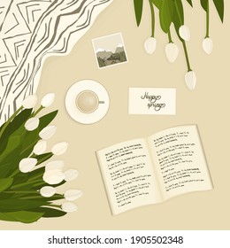 Concepto de primavera sobre fondo beige. Libro de ficción abierta inexistente para la lectura, palabras tachadas, tulipanes blancos, mantas, foto, carta y taza de café o chocolate caliente en la cama en la habitación