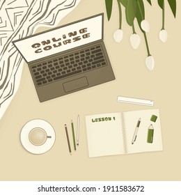 Spring concept on beige background. Open laptop, white tulips, plaid, notebook for summary notes, pen, pencil, marker and cup of coffee are on the bed in the room. Online course and Lesson lettering