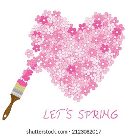 Spring concept with paintbrush paints cherry flowers in a shape oh heart